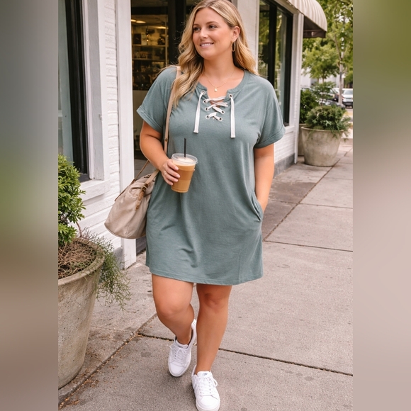Xersion Dresses & Skirts - 🌿 Xersion Lace-Up T-Shirt Dress – Women’s XL – Sage Green – Pockets
